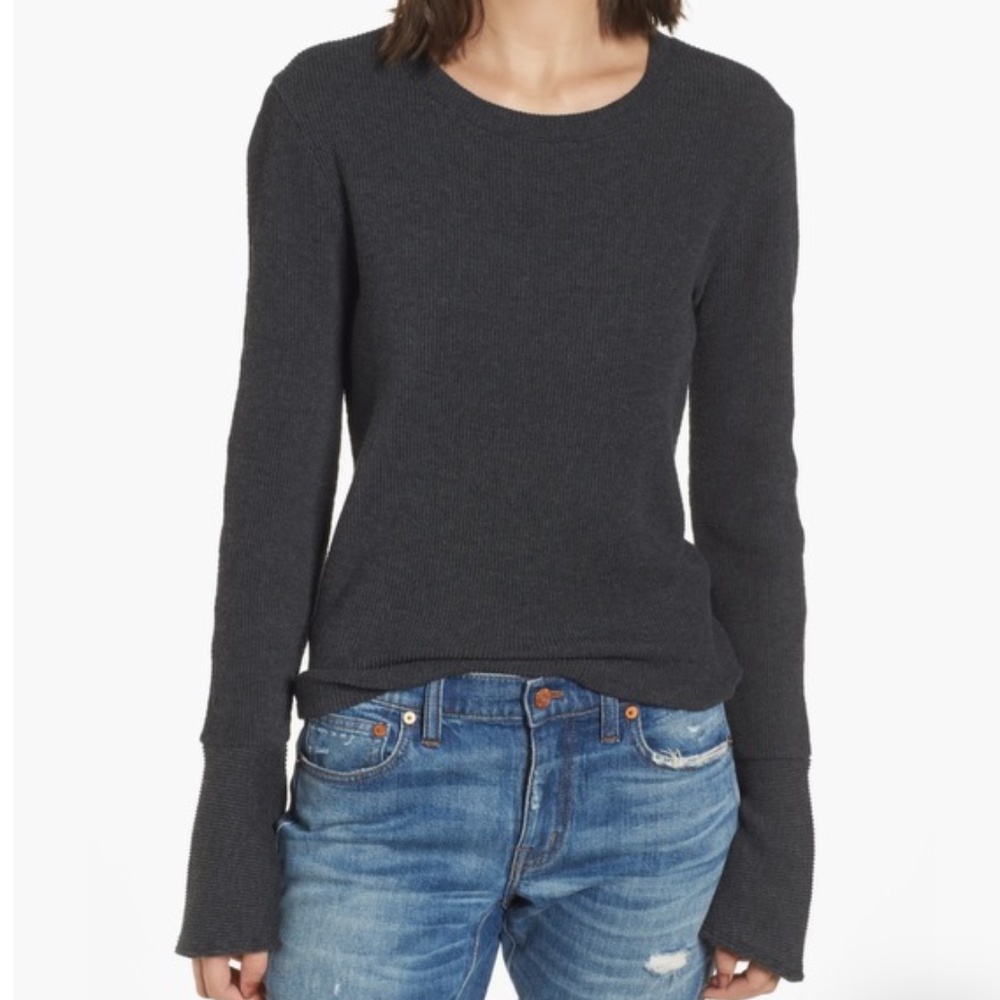 Madewell Ruffle Cuff Ribbed Bell Sleeve Top Sweater in Heather Coal XS